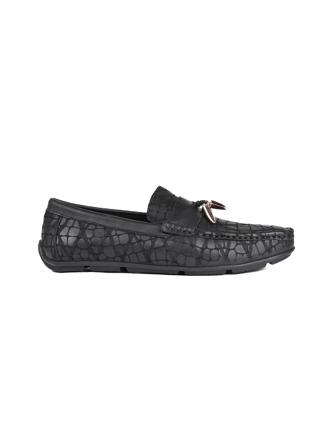 Men Black Animal Print Tassel Driving Shoes