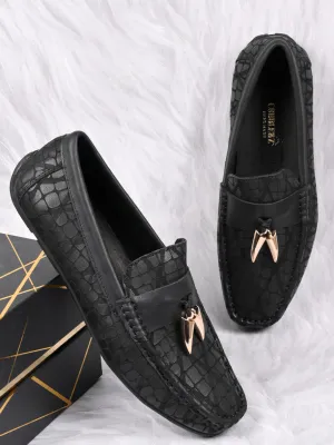 Men Black Animal Print Tassel Driving Shoes