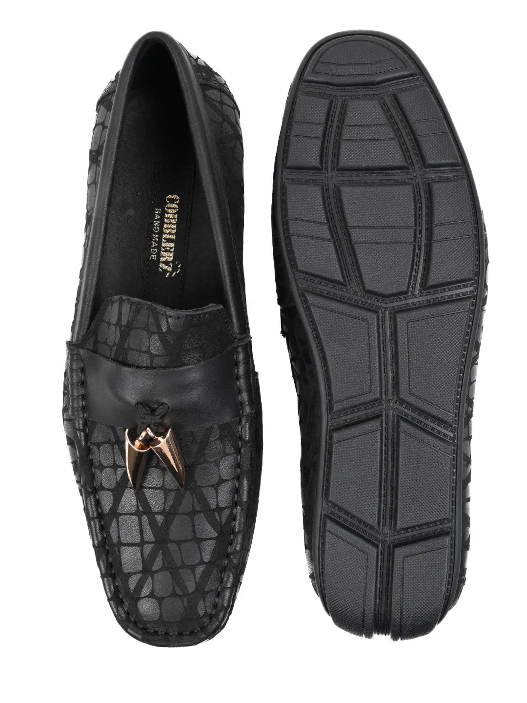 Men Black Animal Print Tassel Driving Shoes