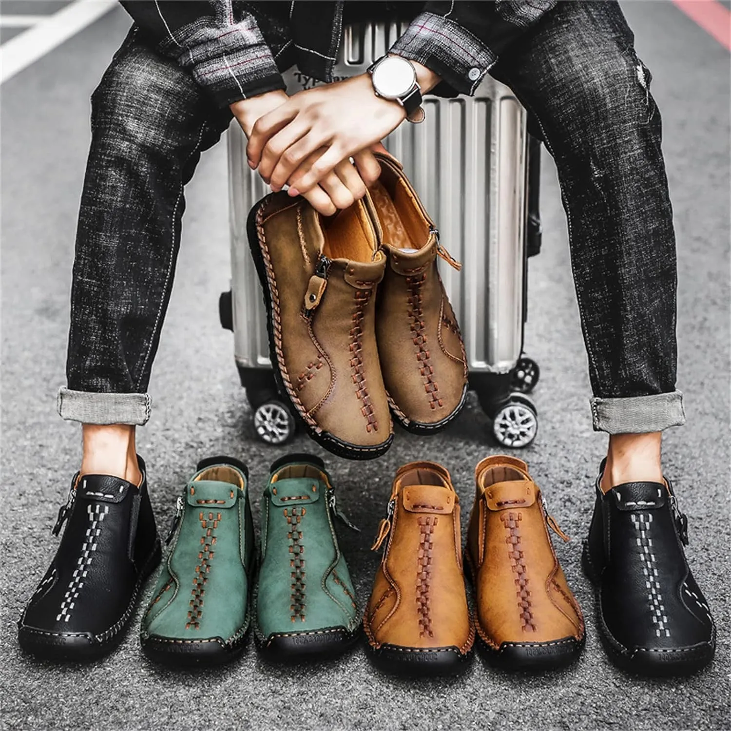 Men's Hand Stitched Black Leather Textured Boots