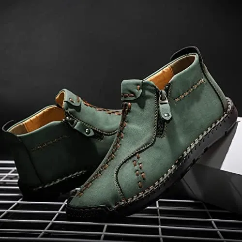Men's Hand Stitched Black Leather Textured Boots