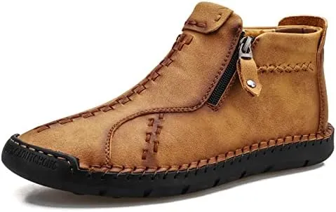 Men's Hand Stitched Black Leather Textured Boots
