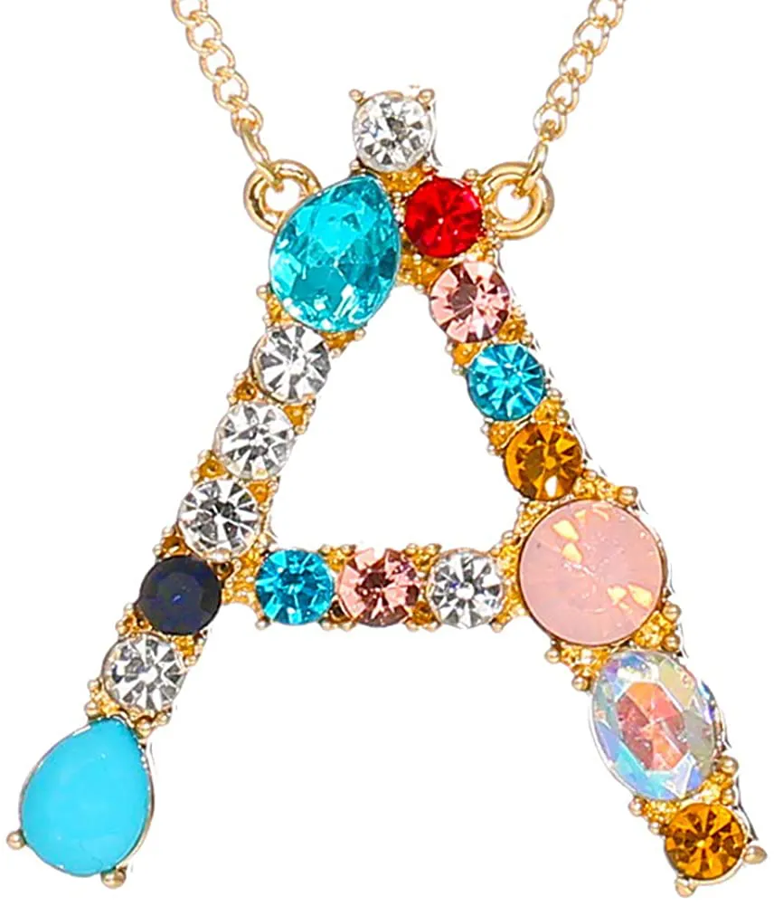 MOWL Large Initial Necklace for Women - Colorful Rhinestones Gold Plated Necklace, 26 Alphabet Monogram Letter Pendant, Idea Gift for Any Woman, Mother, Wife, Sister, Teen, Young Girl and Daily Wear