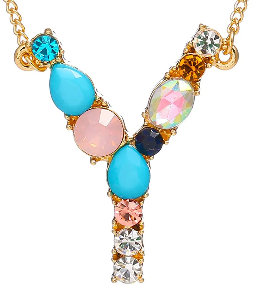 MOWL Large Initial Necklace for Women - Colorful Rhinestones Gold Plated Necklace, 26 Alphabet Monogram Letter Pendant, Idea Gift for Any Woman, Mother, Wife, Sister, Teen, Young Girl and Daily Wear