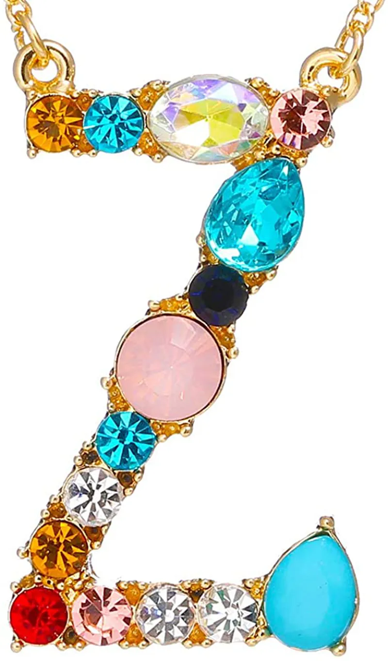 MOWL Large Initial Necklace for Women - Colorful Rhinestones Gold Plated Necklace, 26 Alphabet Monogram Letter Pendant, Idea Gift for Any Woman, Mother, Wife, Sister, Teen, Young Girl and Daily Wear
