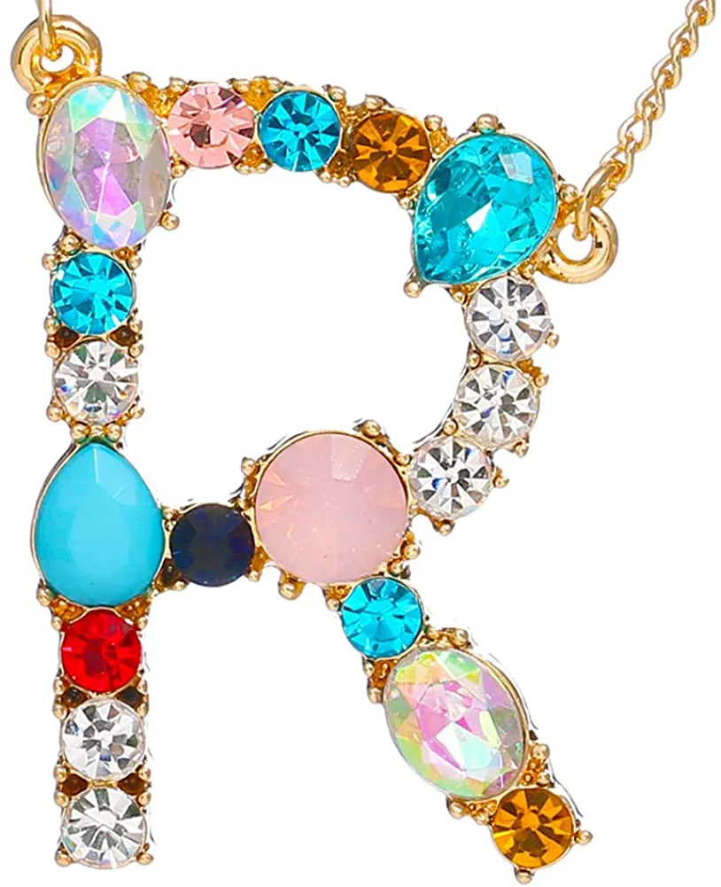 MOWL Large Initial Necklace for Women - Colorful Rhinestones Gold Plated Necklace, 26 Alphabet Monogram Letter Pendant, Idea Gift for Any Woman, Mother, Wife, Sister, Teen, Young Girl and Daily Wear