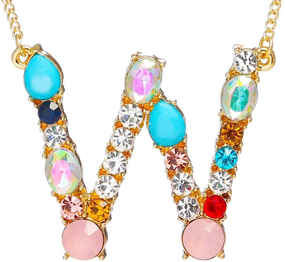 MOWL Large Initial Necklace for Women - Colorful Rhinestones Gold Plated Necklace, 26 Alphabet Monogram Letter Pendant, Idea Gift for Any Woman, Mother, Wife, Sister, Teen, Young Girl and Daily Wear