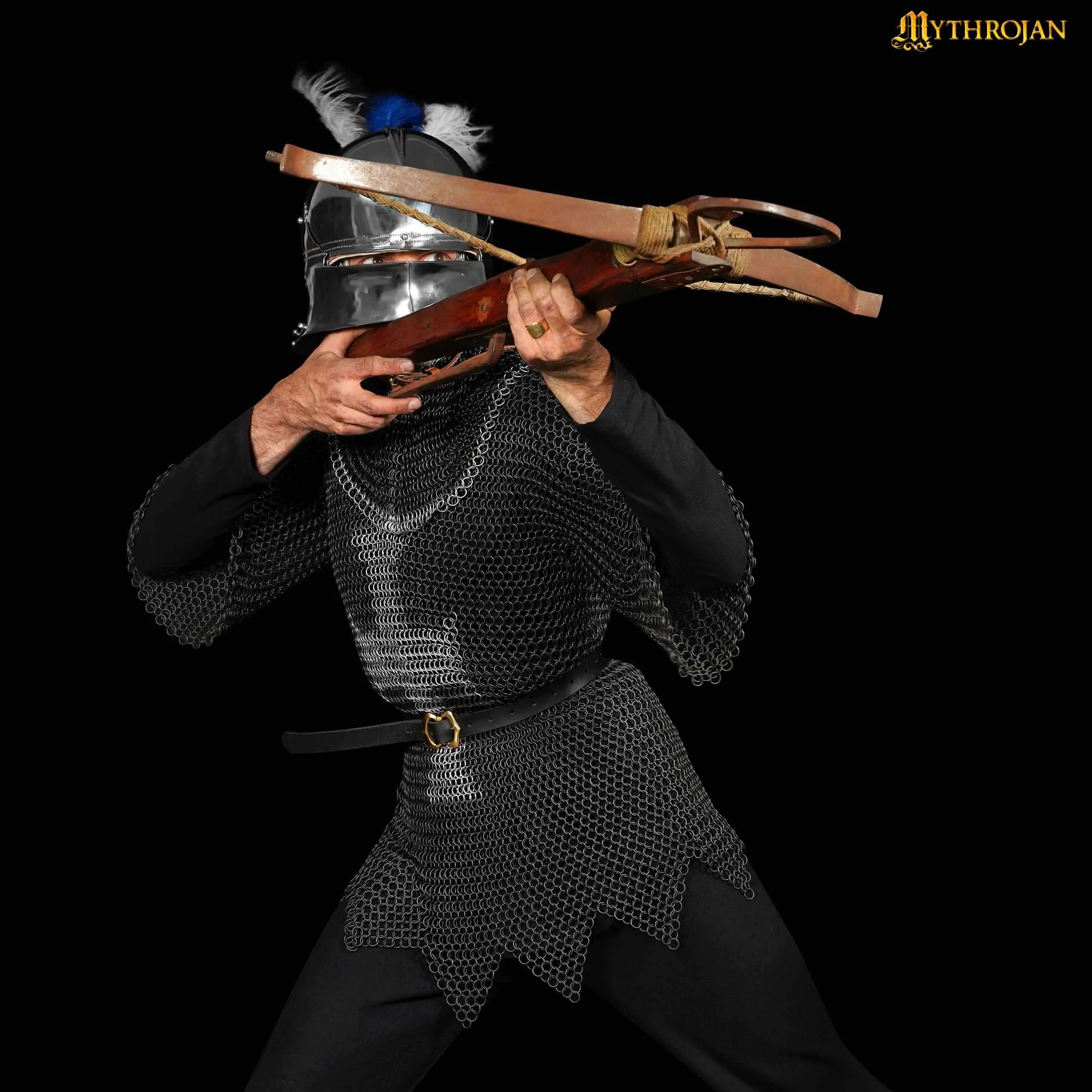 Mythrojan Templar Chainmail Shirt Steel Butted Half Sleeve with Cross, Medieval Knight Warrior Armor Shirt, Black Finish