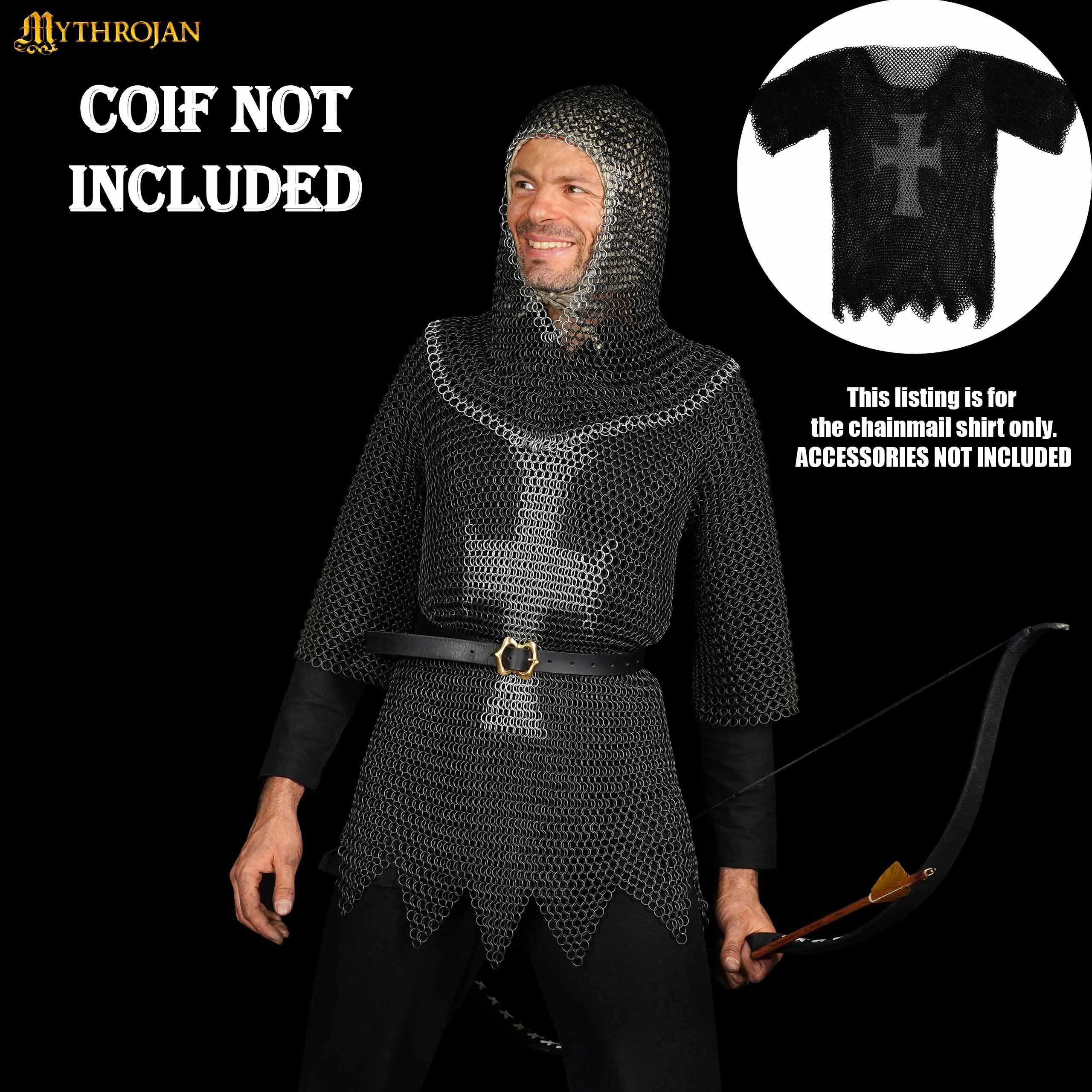 Mythrojan Templar Chainmail Shirt Steel Butted Half Sleeve with Cross, Medieval Knight Warrior Armor Shirt, Black Finish