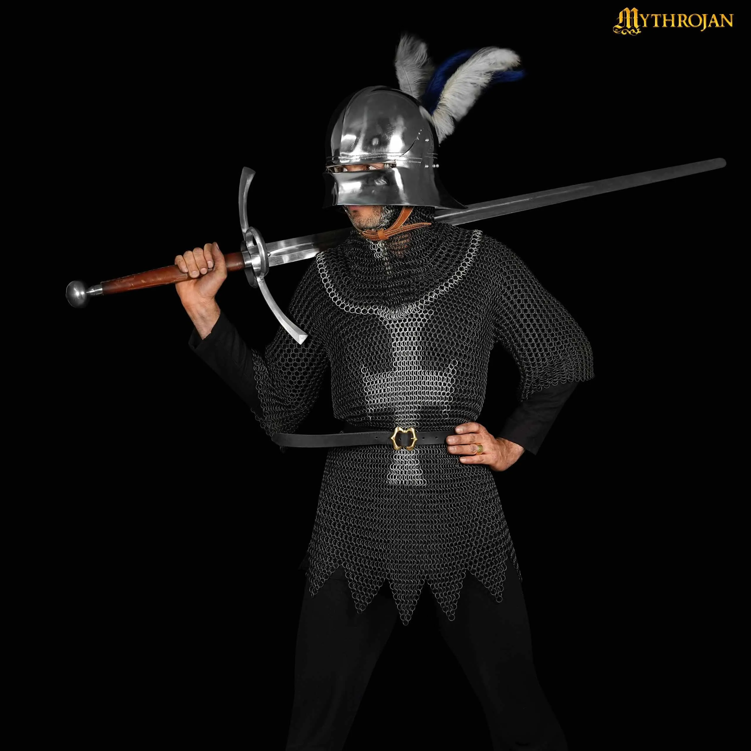 Mythrojan Templar Chainmail Shirt Steel Butted Half Sleeve with Cross, Medieval Knight Warrior Armor Shirt, Black Finish