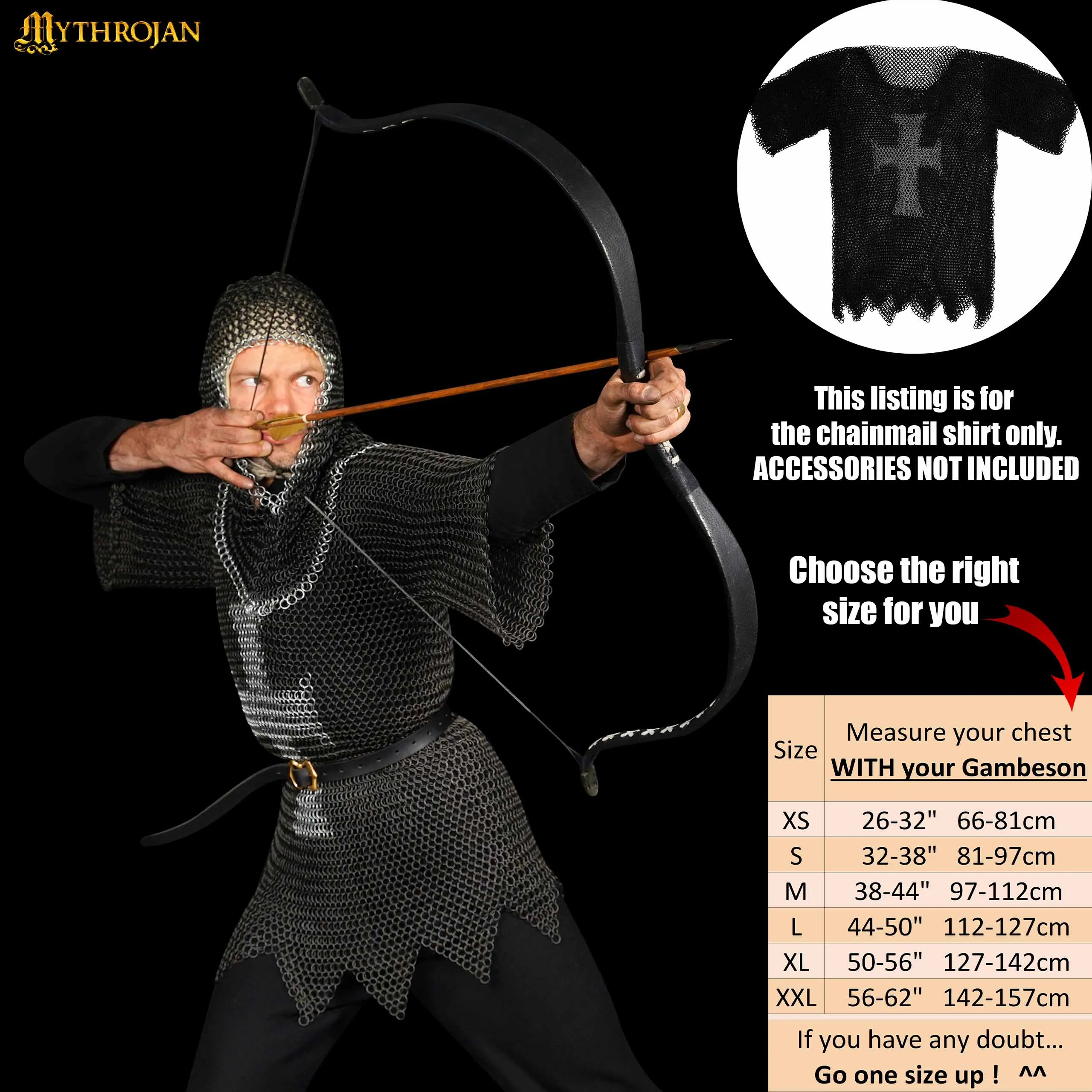 Mythrojan Templar Chainmail Shirt Steel Butted Half Sleeve with Cross, Medieval Knight Warrior Armor Shirt, Black Finish