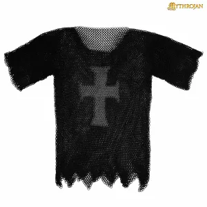 Mythrojan Templar Chainmail Shirt Steel Butted Half Sleeve with Cross, Medieval Knight Warrior Armor Shirt, Black Finish