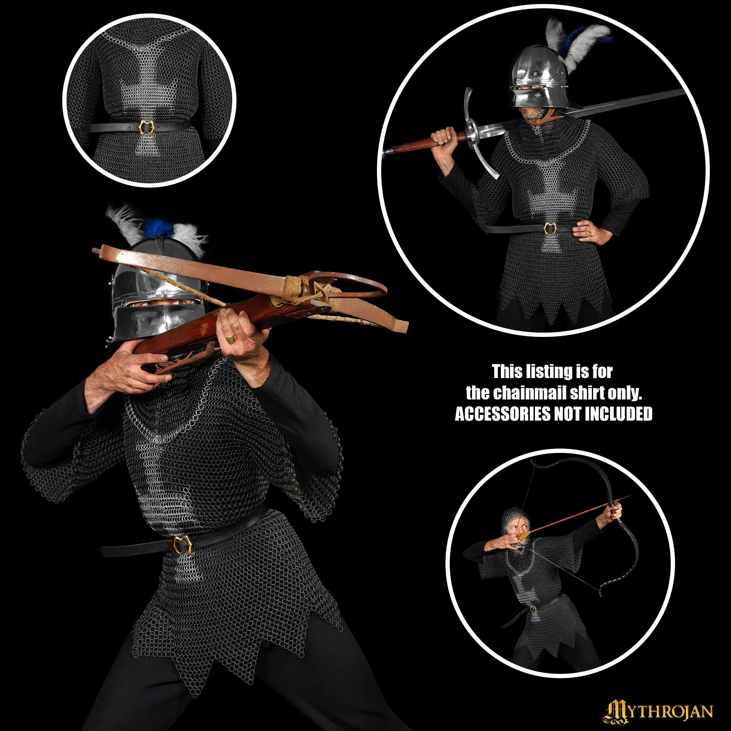 Mythrojan Templar Chainmail Shirt Steel Butted Half Sleeve with Cross, Medieval Knight Warrior Armor Shirt, Black Finish