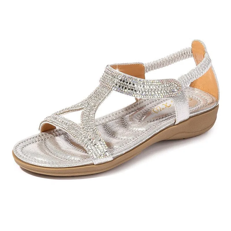 Nanccy Sandals Hollow Triangle Rhinestone Sandals Soft Bottom Wedge Flat