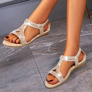 Nanccy Sandals Hollow Triangle Rhinestone Sandals Soft Bottom Wedge Flat
