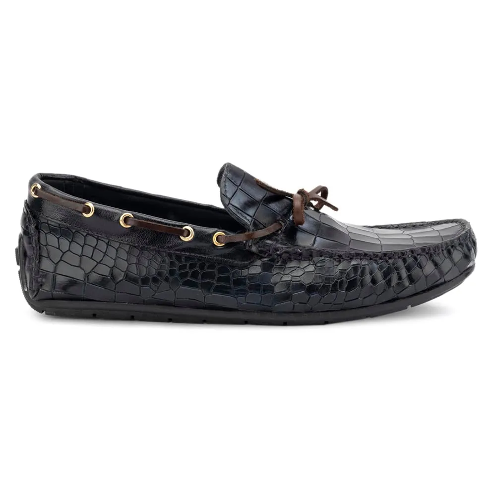 Navy Blue Glossed Croco Driving Loafers