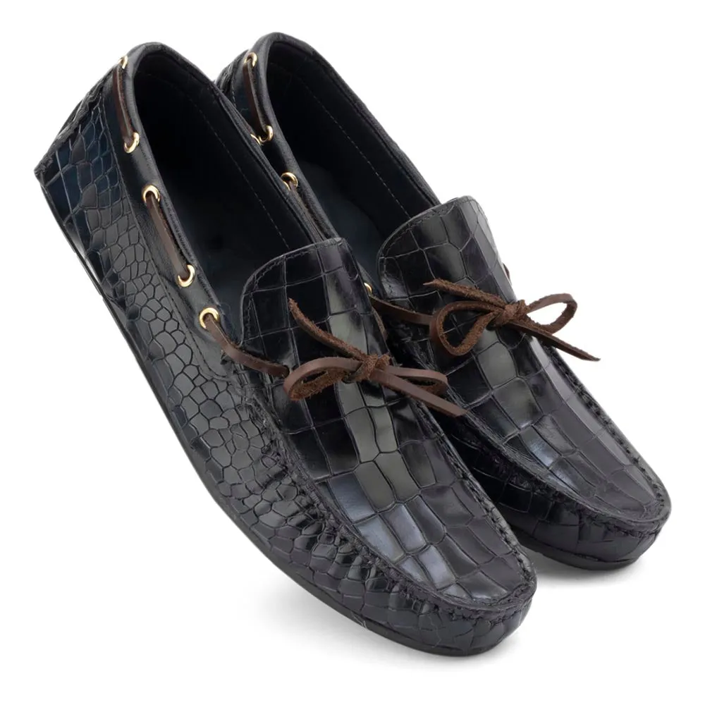 Navy Blue Glossed Croco Driving Loafers