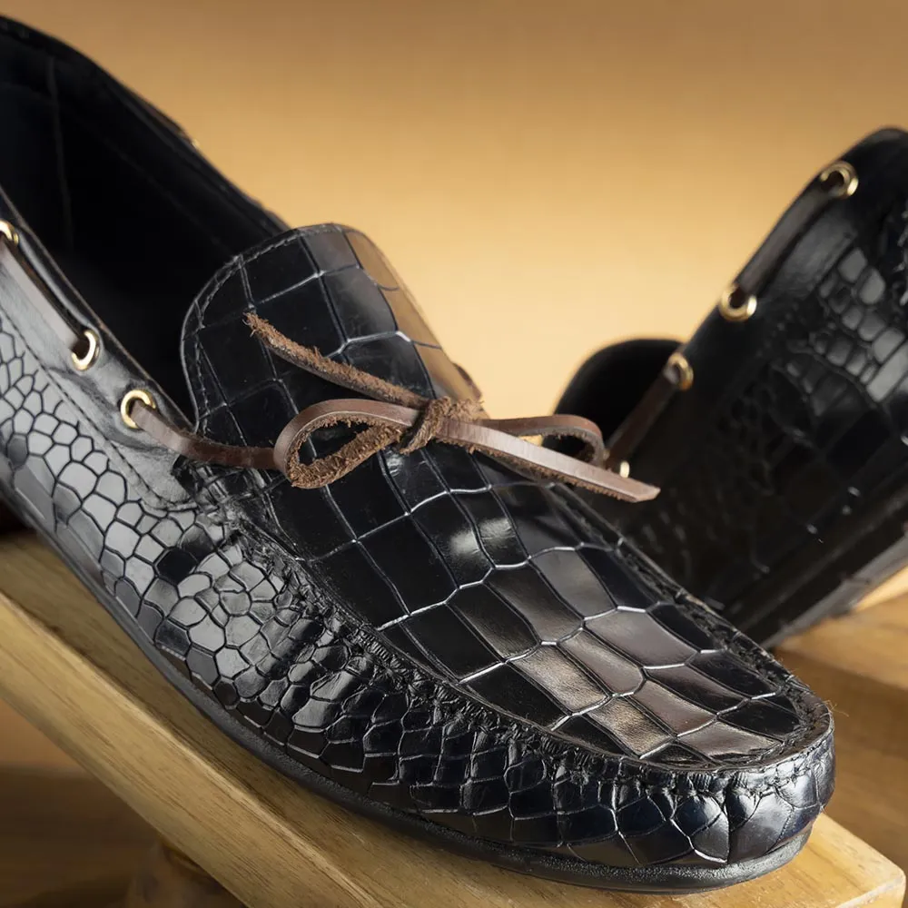 Navy Blue Glossed Croco Driving Loafers