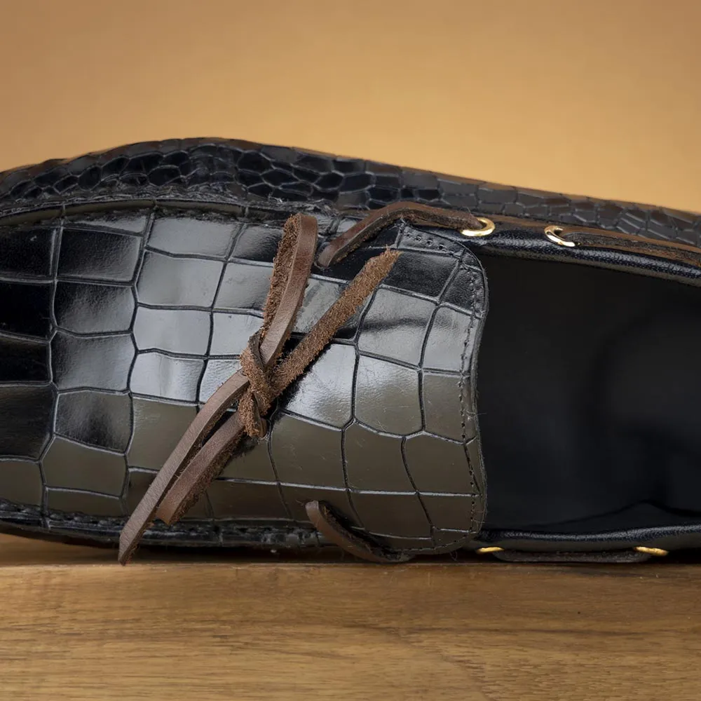Navy Blue Glossed Croco Driving Loafers