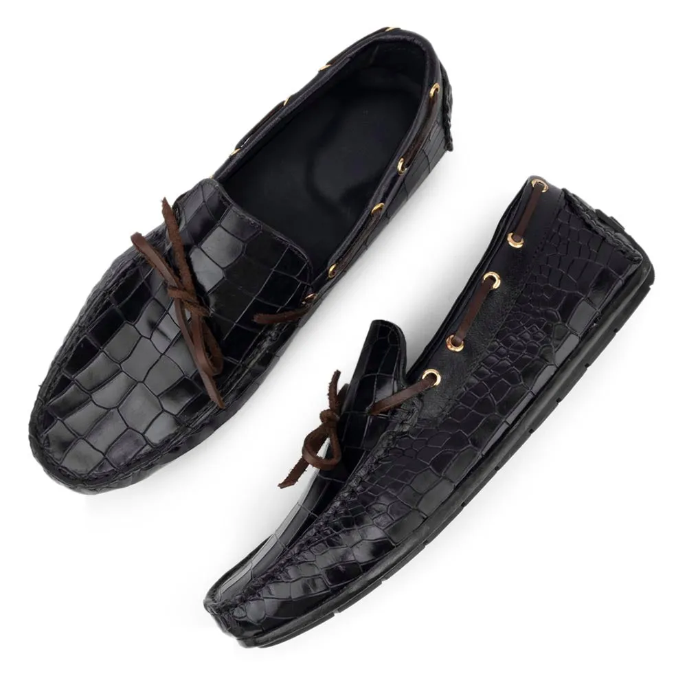 Navy Blue Glossed Croco Driving Loafers
