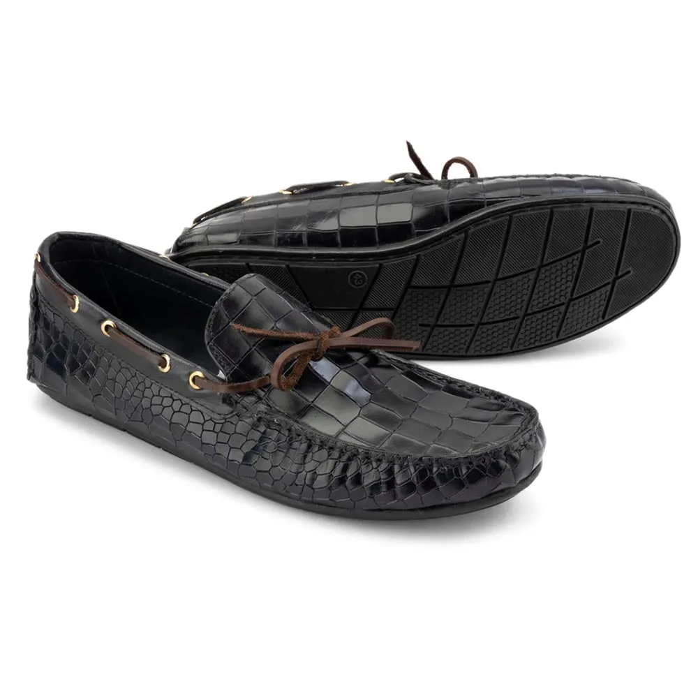Navy Blue Glossed Croco Driving Loafers