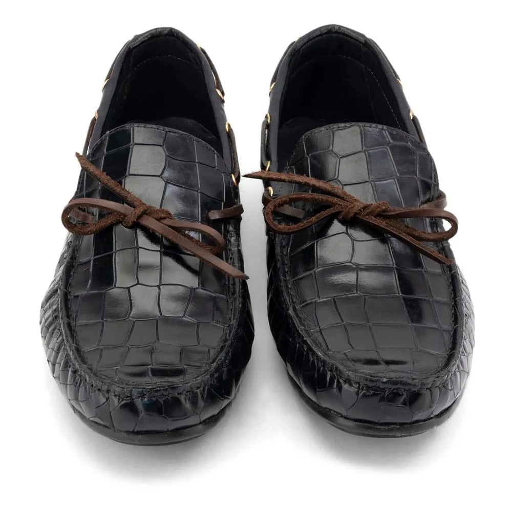 Navy Blue Glossed Croco Driving Loafers