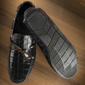 Navy Blue Glossed Croco Driving Loafers