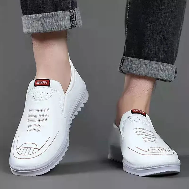 NEW Mens Leather Casual Shoes Breathable Slip on Loafers Men Soft Sole Dress Shoes Sz 9.5 Ours are solid white