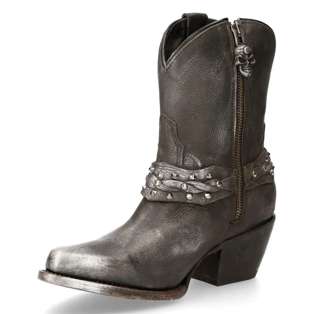 New Rock WSTM005-S1 Black Leather Cowboy Western Pointed Boots Vintage
