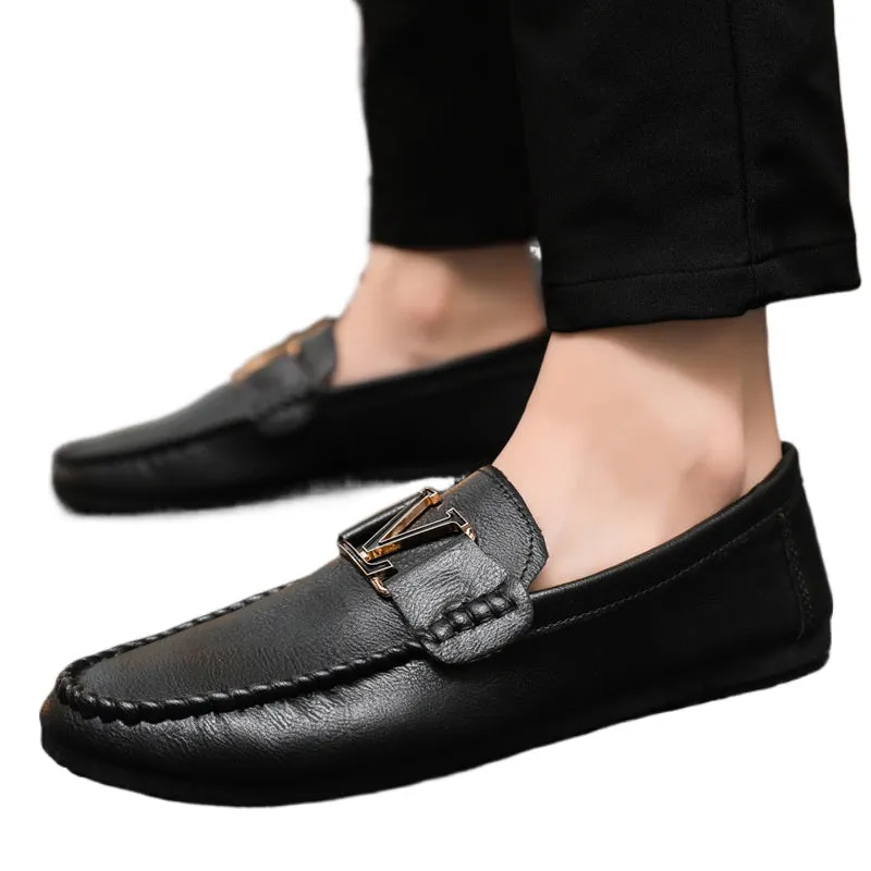 New youth round head driving men's one-footed loafers Doudou small leather shoes casual British formal wear sports handmade