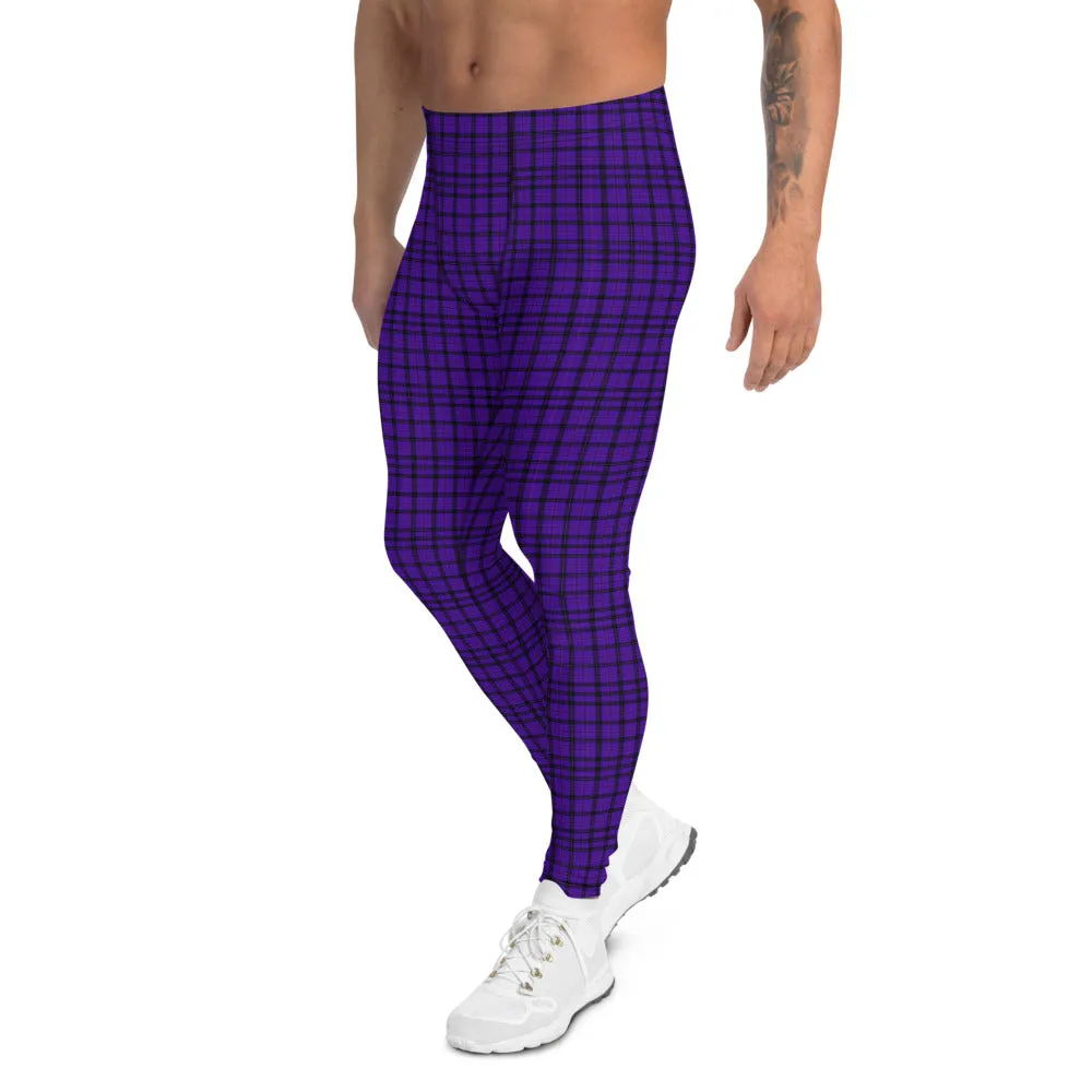 Purple Plaid Print Meggings, Tartan Scottish Style Preppy Men's Leggings-Made in USA/EU