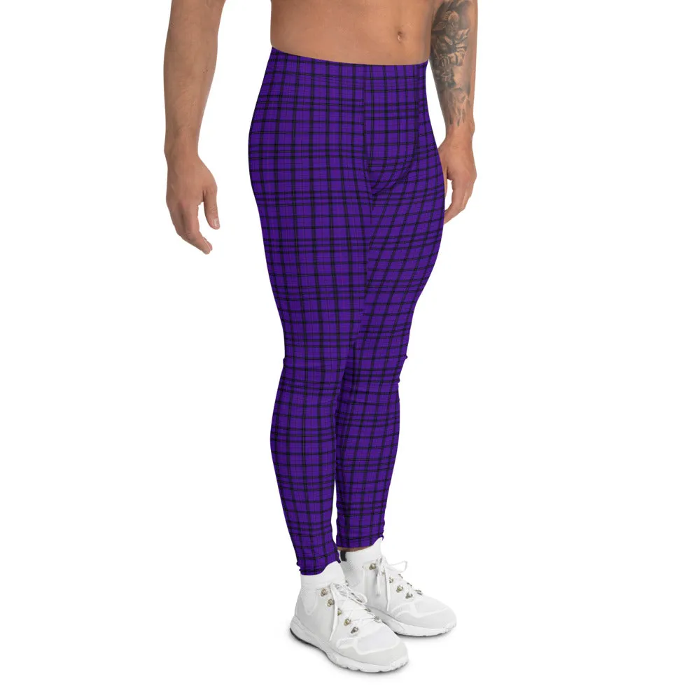 Purple Plaid Print Meggings, Tartan Scottish Style Preppy Men's Leggings-Made in USA/EU