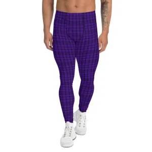 Purple Plaid Print Meggings, Tartan Scottish Style Preppy Men's Leggings-Made in USA/EU