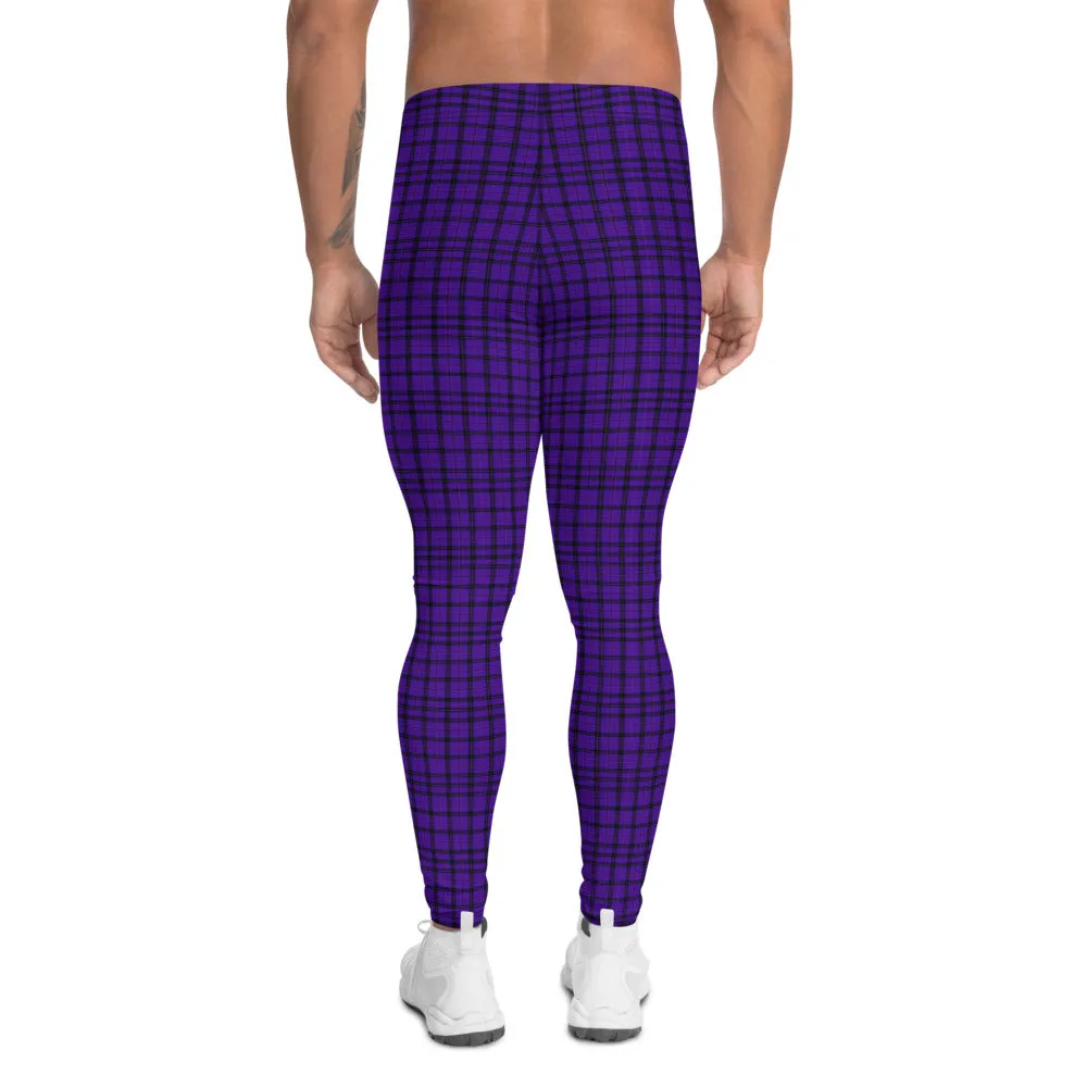 Purple Plaid Print Meggings, Tartan Scottish Style Preppy Men's Leggings-Made in USA/EU