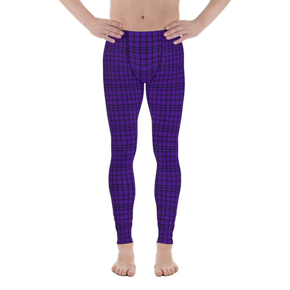Purple Plaid Print Meggings, Tartan Scottish Style Preppy Men's Leggings-Made in USA/EU