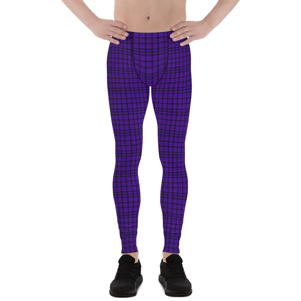 Purple Plaid Print Meggings, Tartan Scottish Style Preppy Men's Leggings-Made in USA/EU