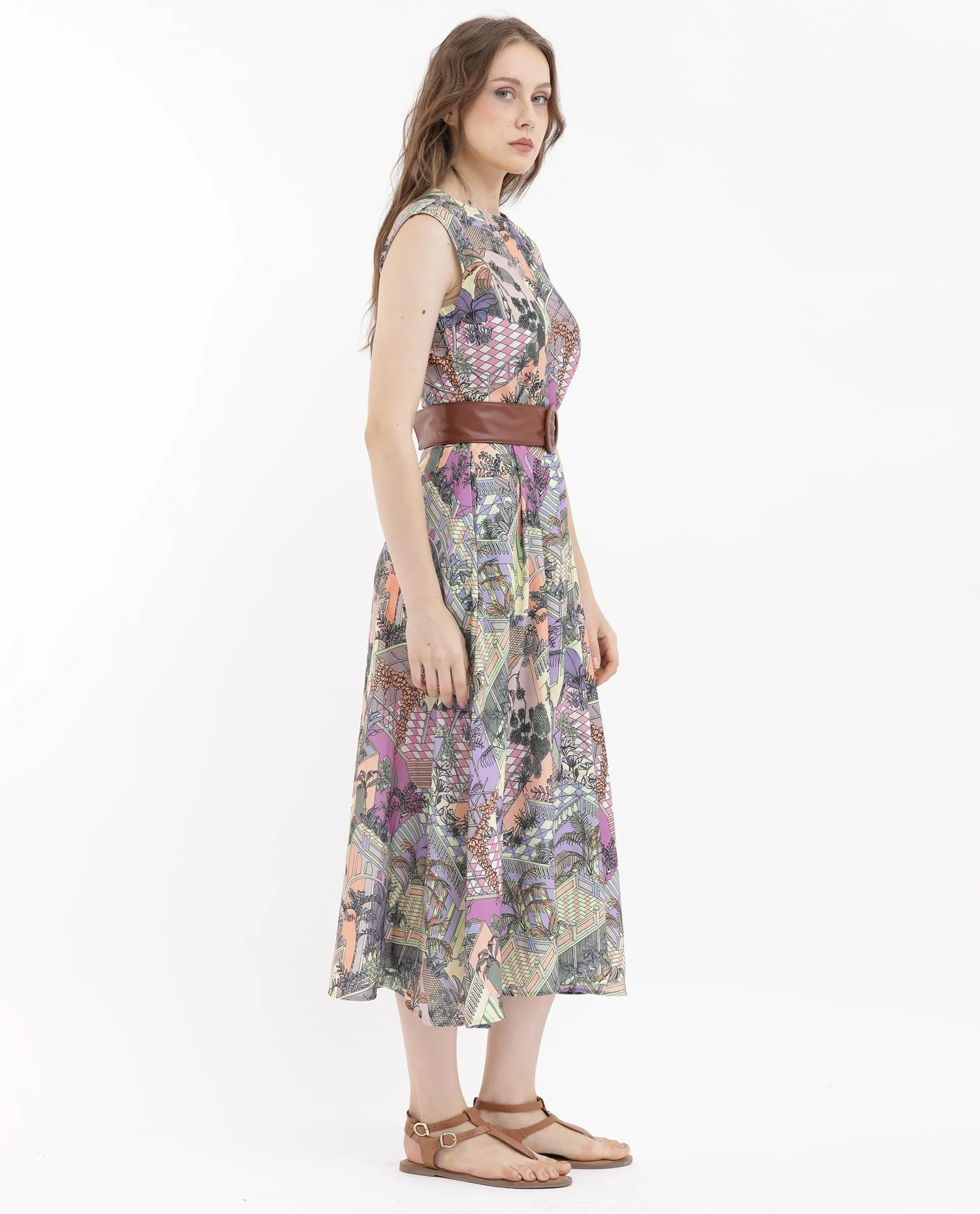 Rareism Women Kaylee Multi Polyester Fabric Zip Closure Round Neck Sleeveless Fit And Flare Print Midi Dress