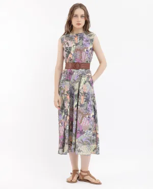 Rareism Women Kaylee Multi Polyester Fabric Zip Closure Round Neck Sleeveless Fit And Flare Print Midi Dress
