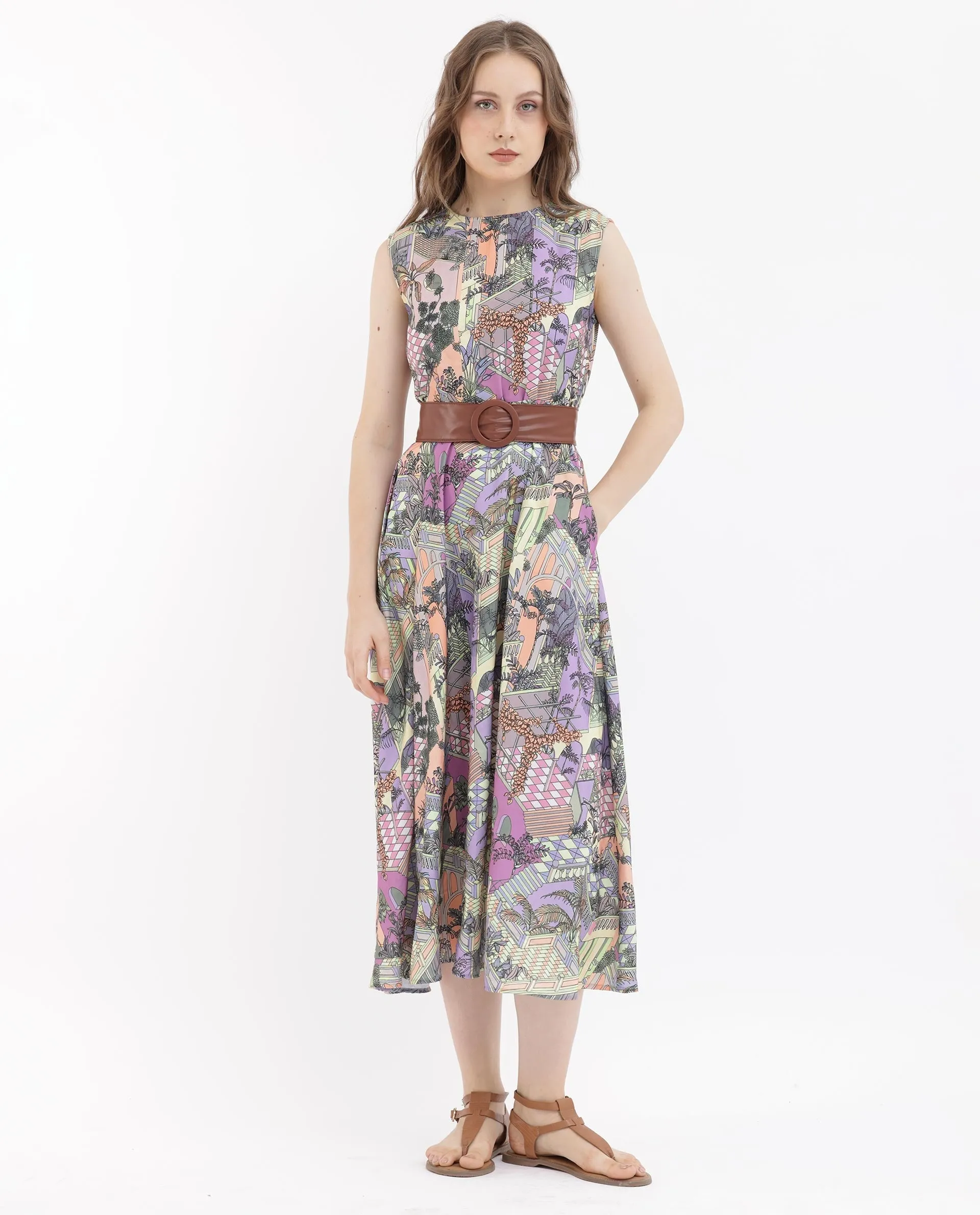 Rareism Women Kaylee Multi Polyester Fabric Zip Closure Round Neck Sleeveless Fit And Flare Print Midi Dress