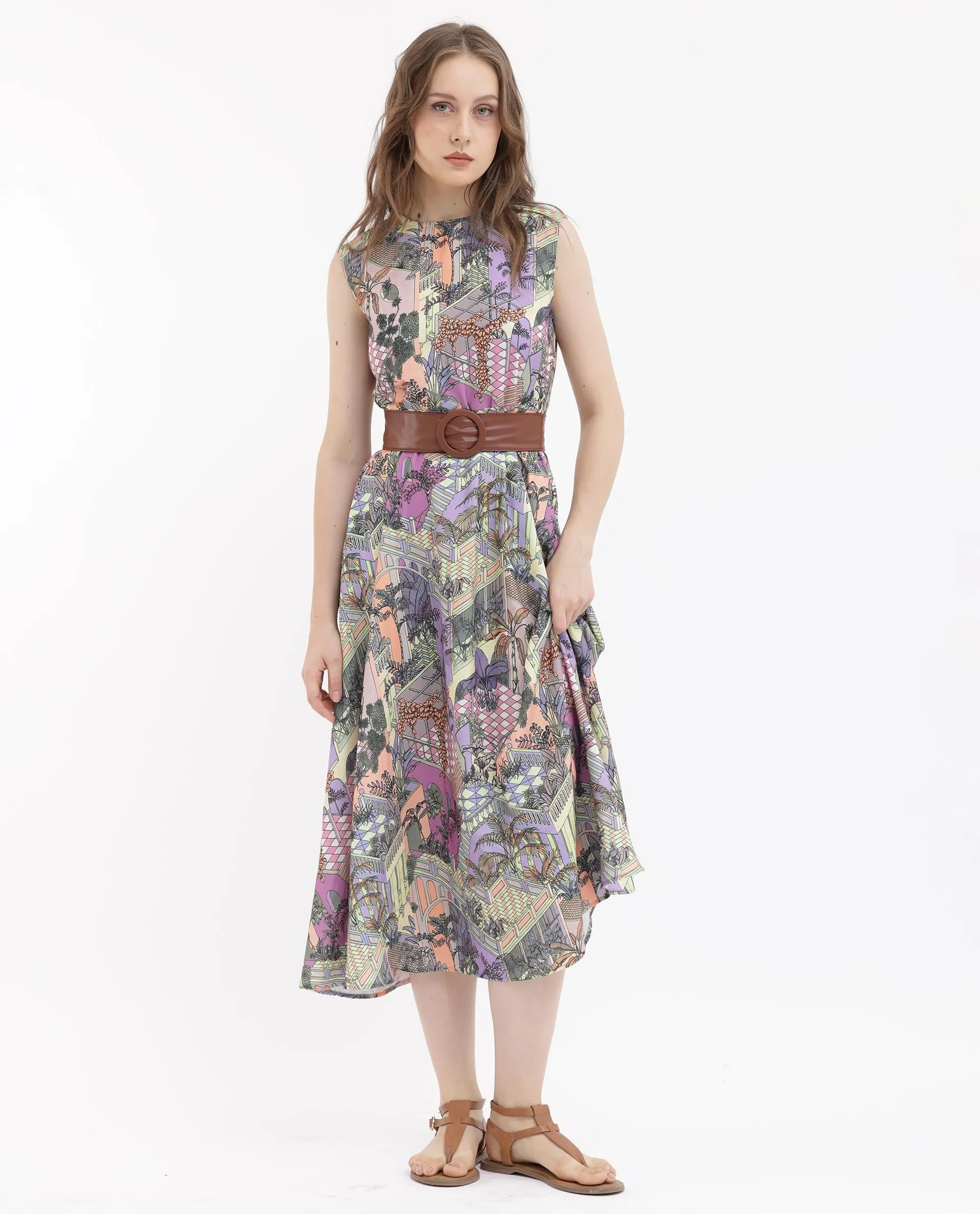 Rareism Women Kaylee Multi Polyester Fabric Zip Closure Round Neck Sleeveless Fit And Flare Print Midi Dress
