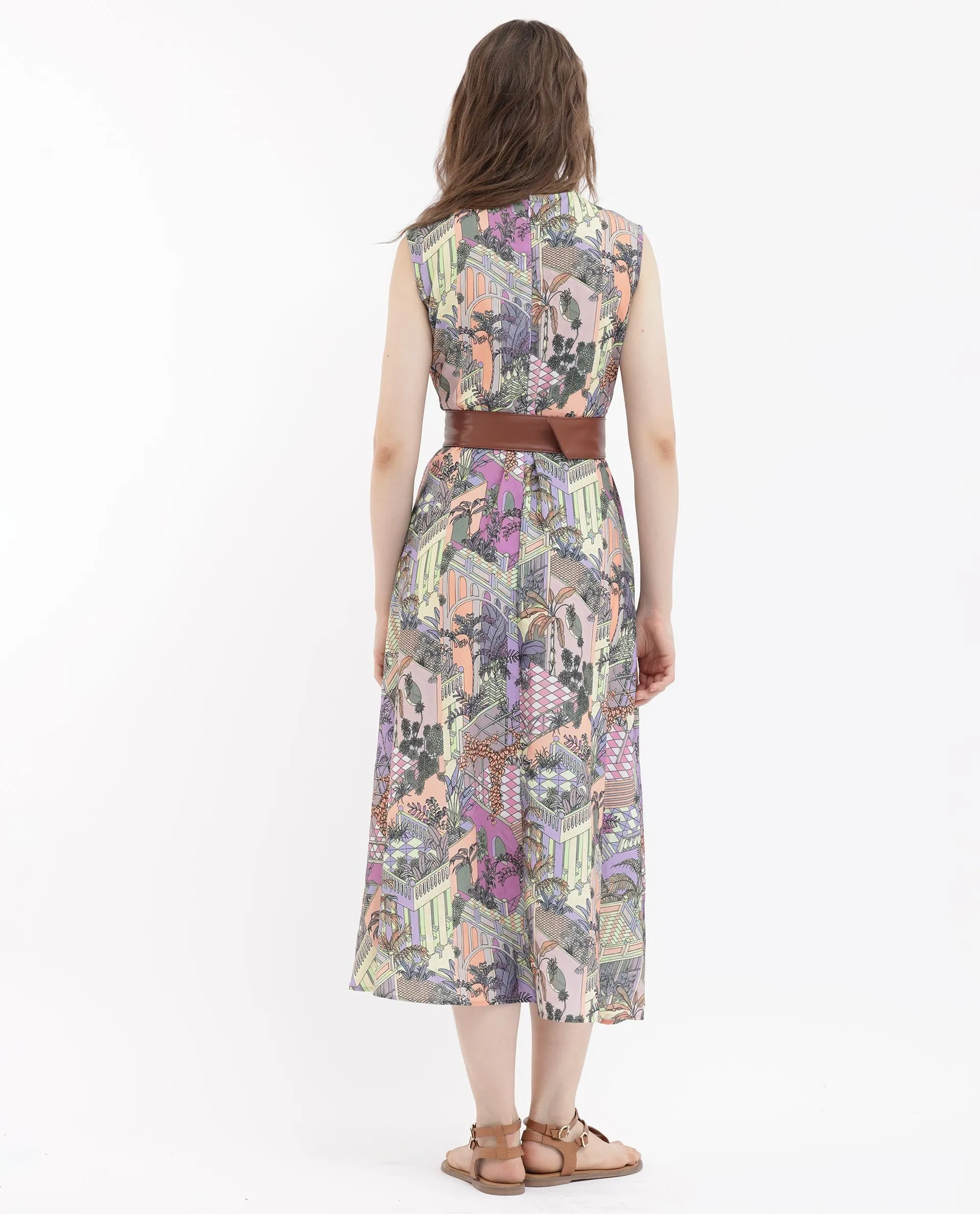 Rareism Women Kaylee Multi Polyester Fabric Zip Closure Round Neck Sleeveless Fit And Flare Print Midi Dress
