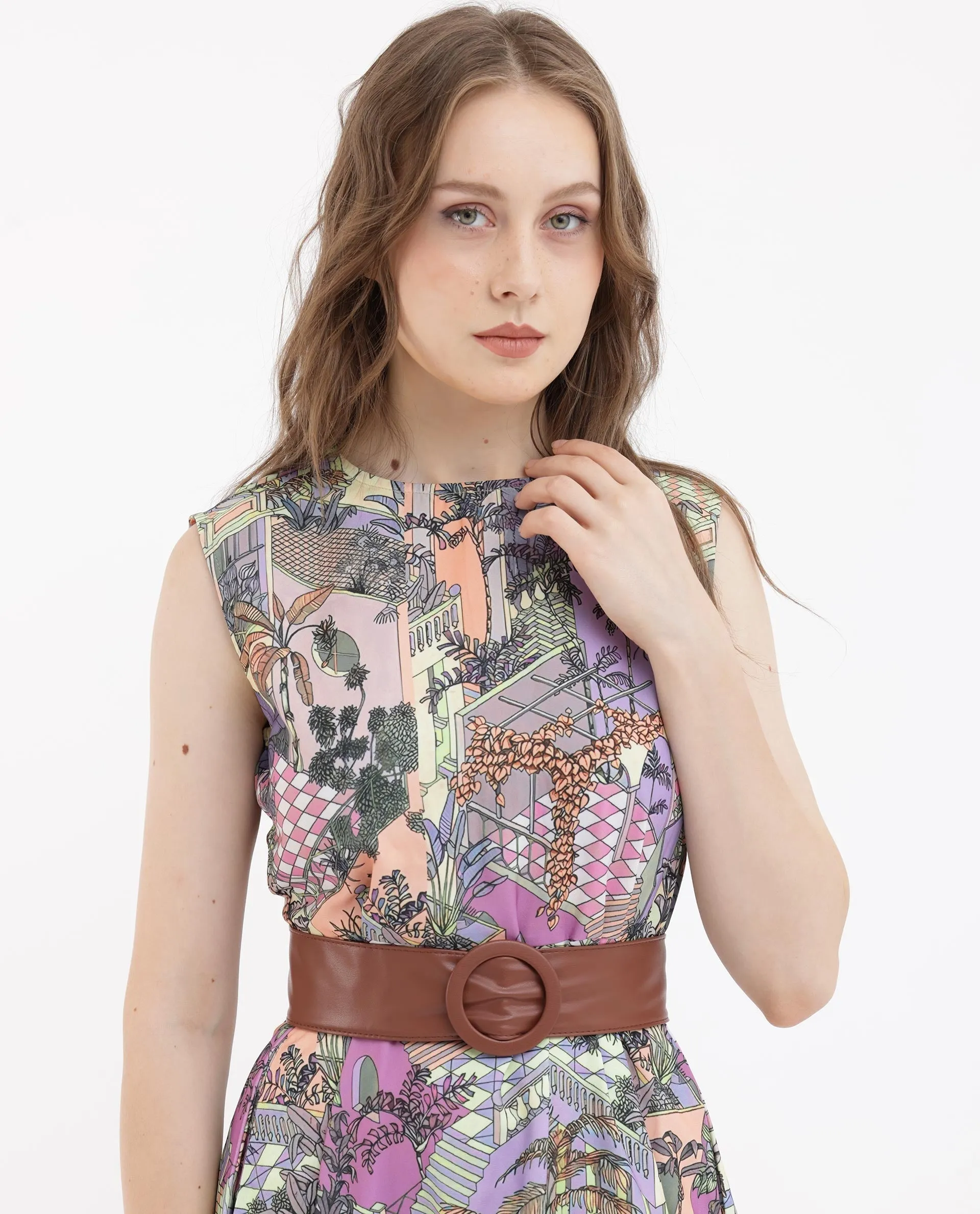 Rareism Women Kaylee Multi Polyester Fabric Zip Closure Round Neck Sleeveless Fit And Flare Print Midi Dress