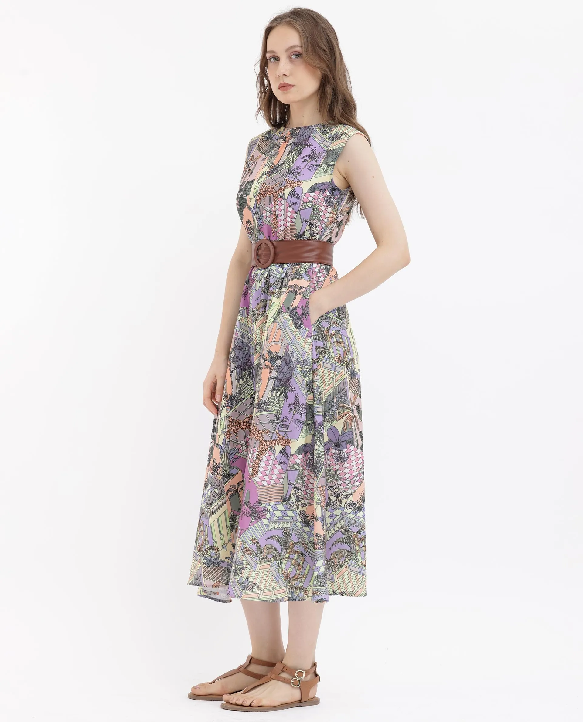Rareism Women Kaylee Multi Polyester Fabric Zip Closure Round Neck Sleeveless Fit And Flare Print Midi Dress