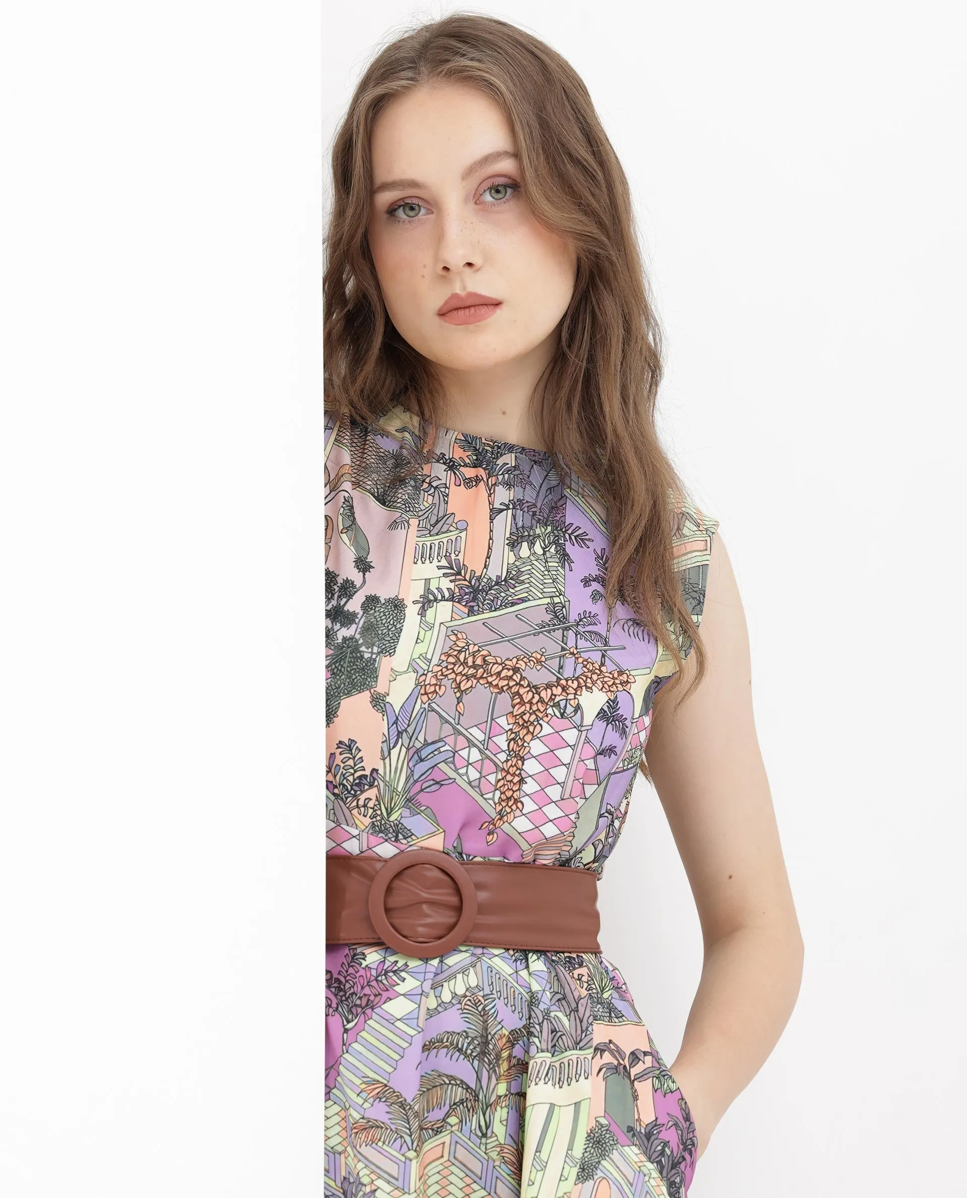 Rareism Women Kaylee Multi Polyester Fabric Zip Closure Round Neck Sleeveless Fit And Flare Print Midi Dress