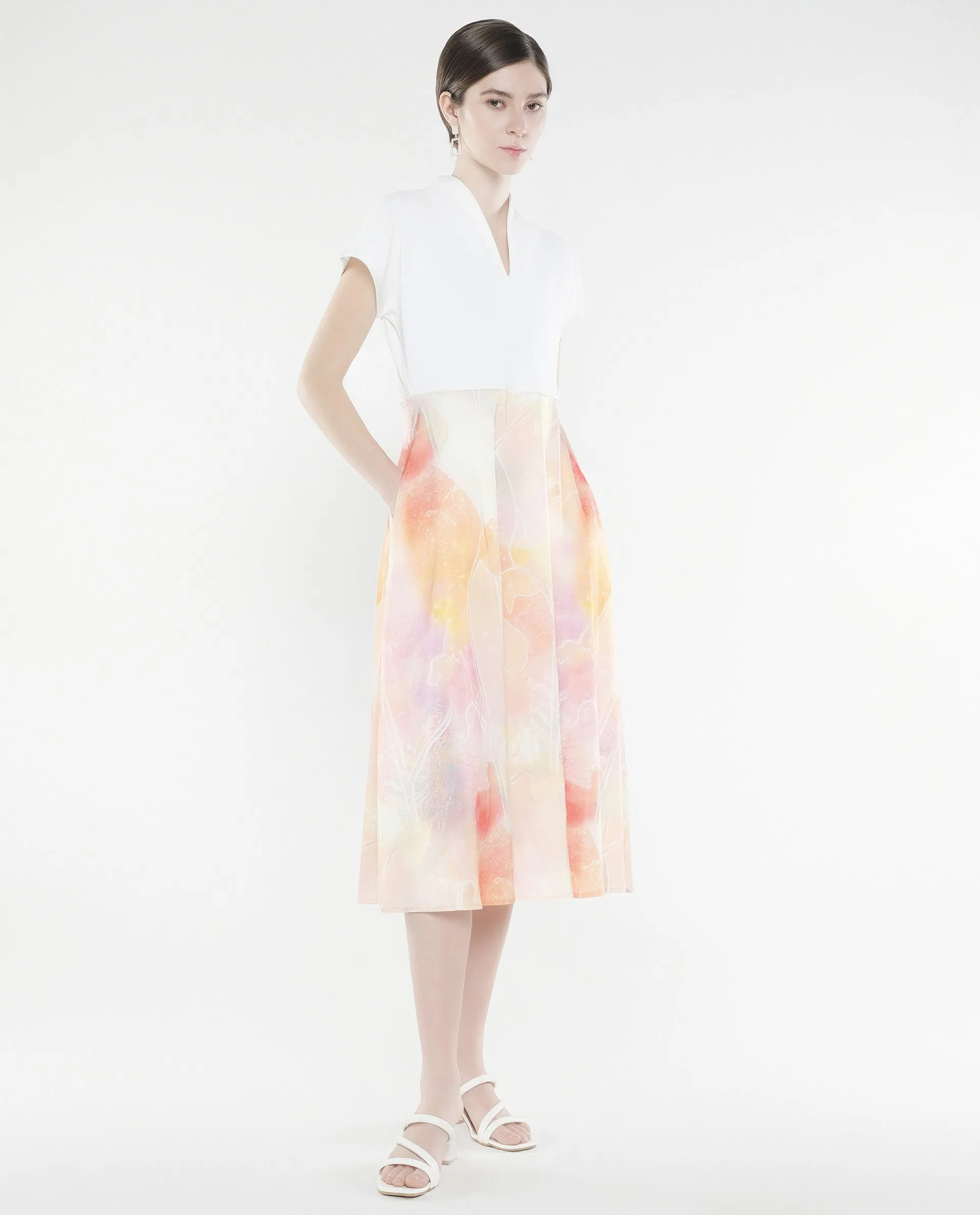 Rareism Women Usoppin Multi Extended Sleeves Built-Up Neck Zip Closure Fit And Flare Midi Abstract Print Dress