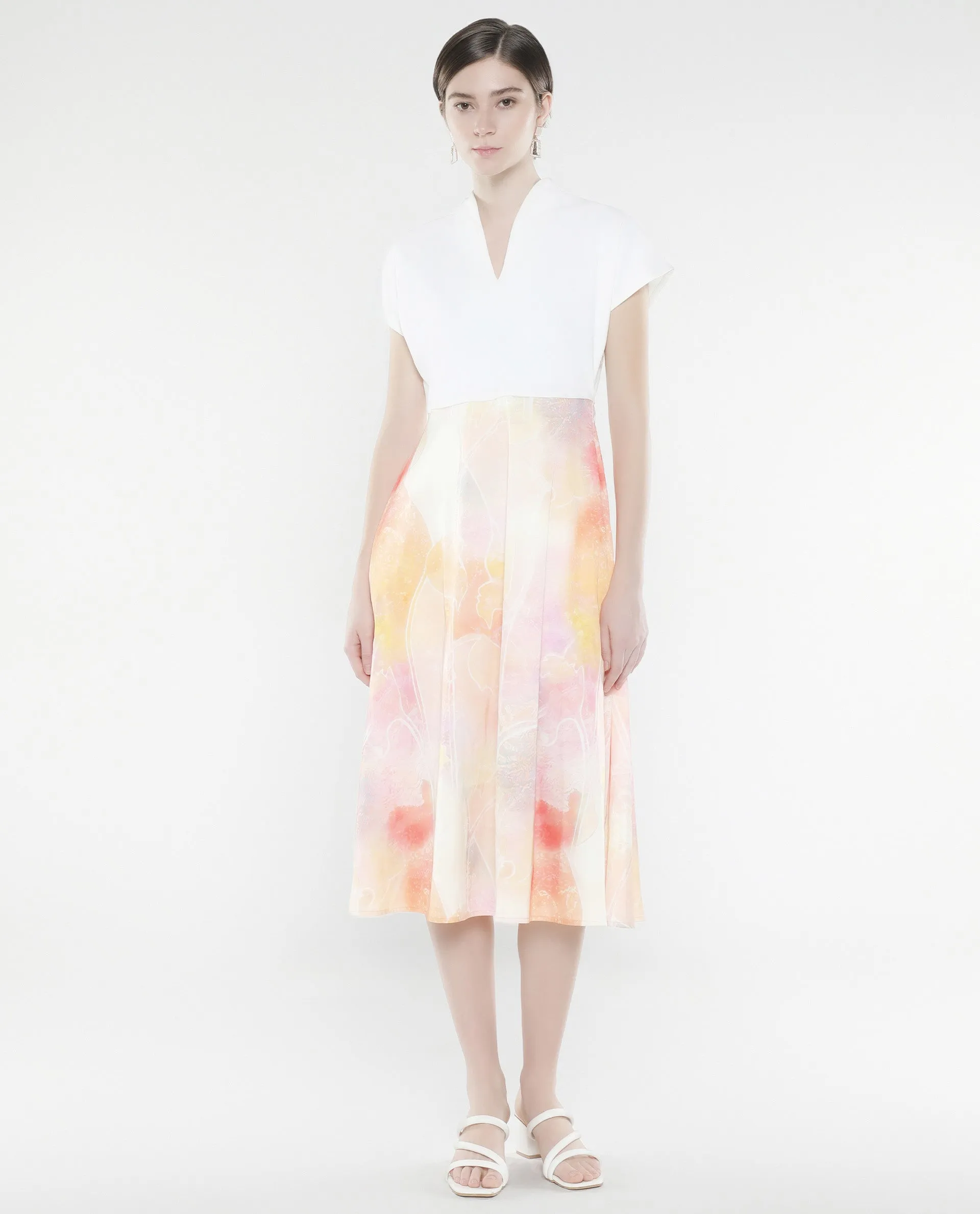 Rareism Women Usoppin Multi Extended Sleeves Built-Up Neck Zip Closure Fit And Flare Midi Abstract Print Dress