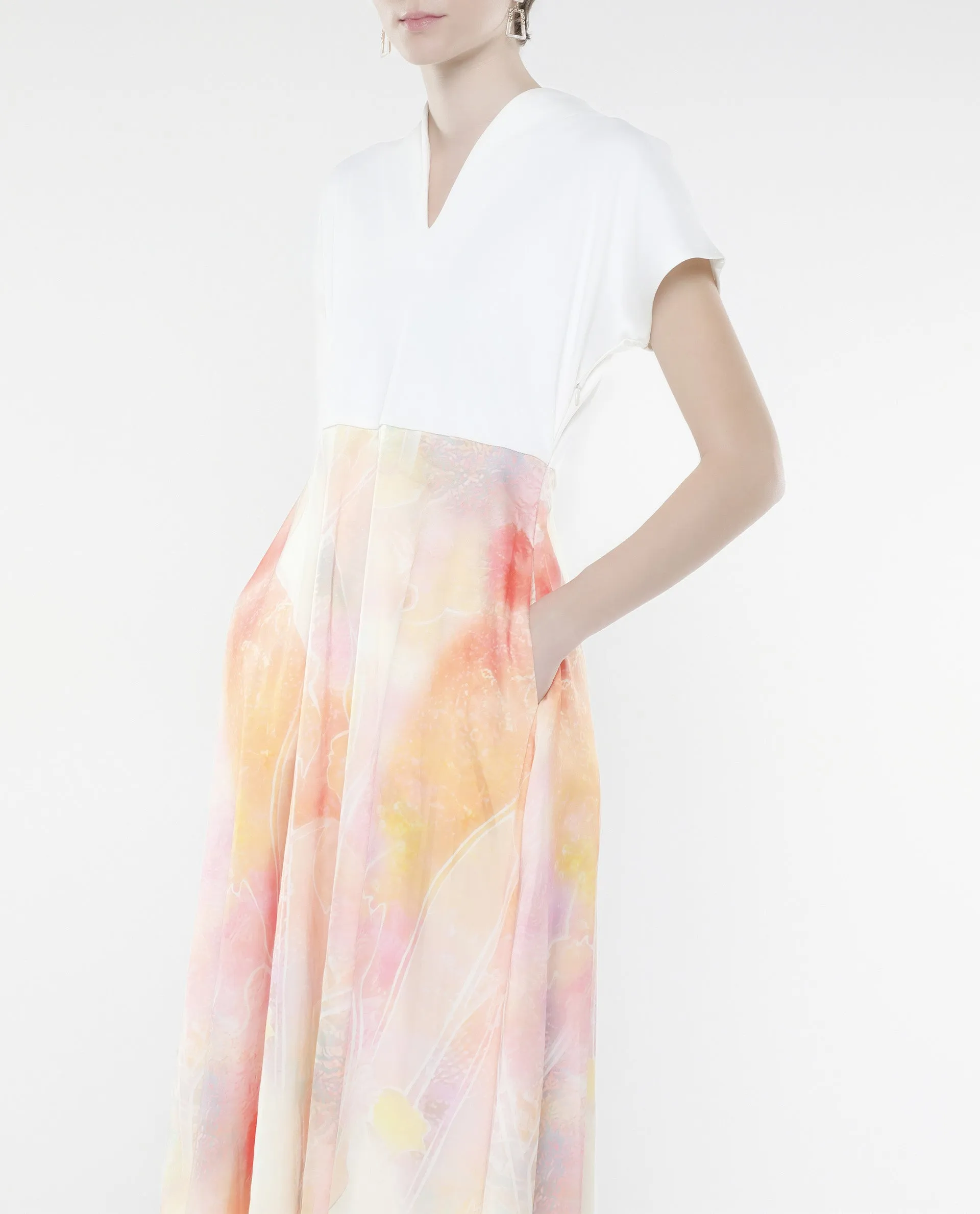 Rareism Women Usoppin Multi Extended Sleeves Built-Up Neck Zip Closure Fit And Flare Midi Abstract Print Dress