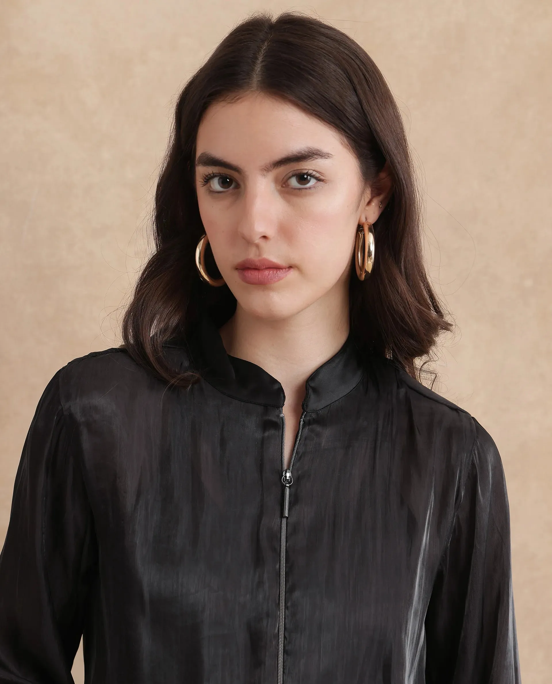 Rareism Women Wals Black Mandarin Collar Zipper Closure Regular Fit Plain Jacket