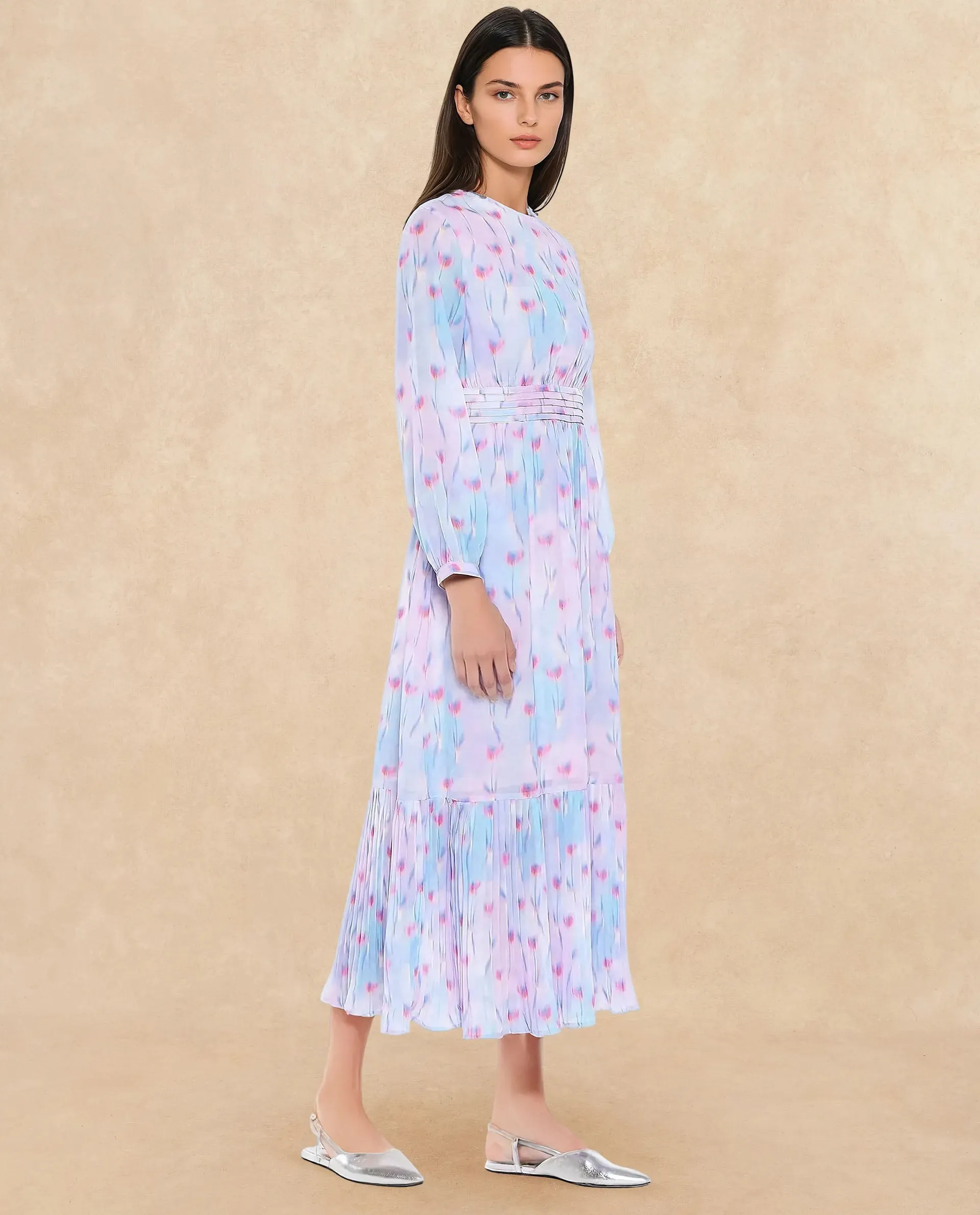 Rareism Women Yasopp Multi Polyester Fabric Bishop Sleeve Round Neck Zipper Closure Fit And Flare Midi Abstract Print Dress