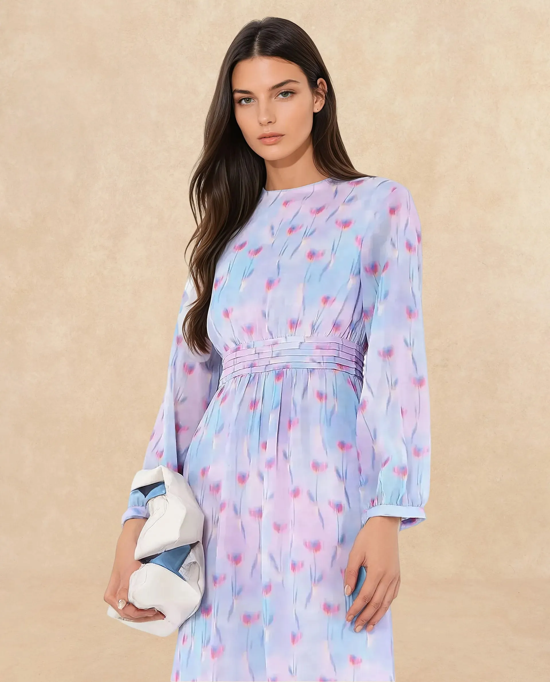 Rareism Women Yasopp Multi Polyester Fabric Bishop Sleeve Round Neck Zipper Closure Fit And Flare Midi Abstract Print Dress